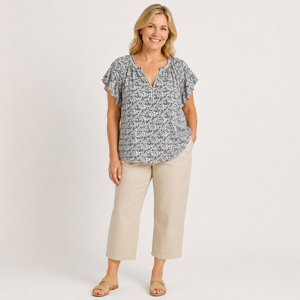 Max Studio Top Womens Large Blue Floral Flutter Sleeve Blouse Split Neck